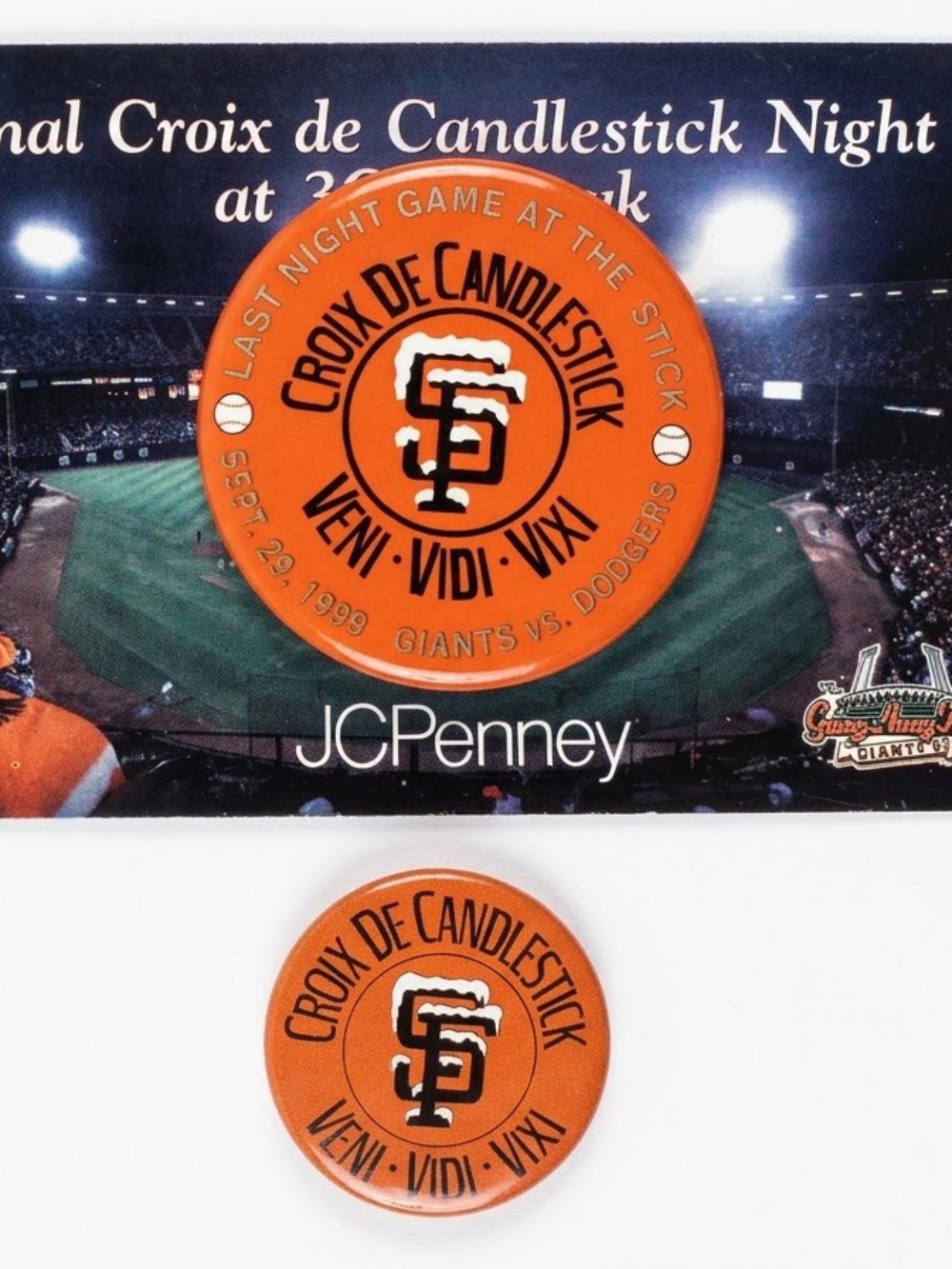 1999 SF Giants SGA Croix De Candlestick Pin 9/29 v Dodgers & An Orig. 1980’s pin